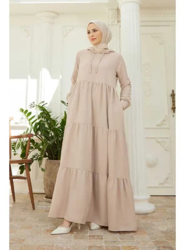 Kapşonlu Reglan Kollu Elbise - Bej