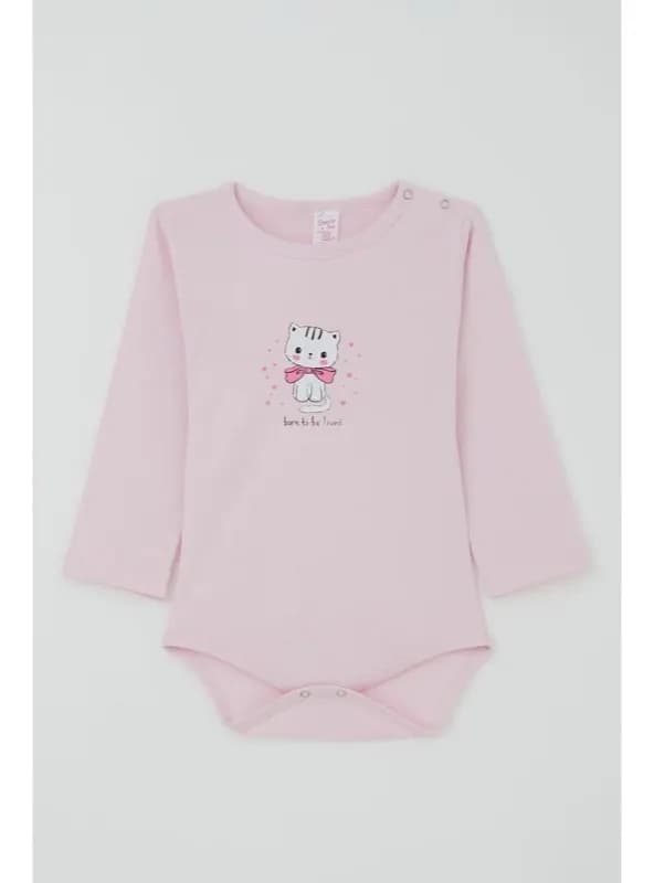 Kız Bebek Kedi Baskılı Çıtçıtlı Zıbın Pembe