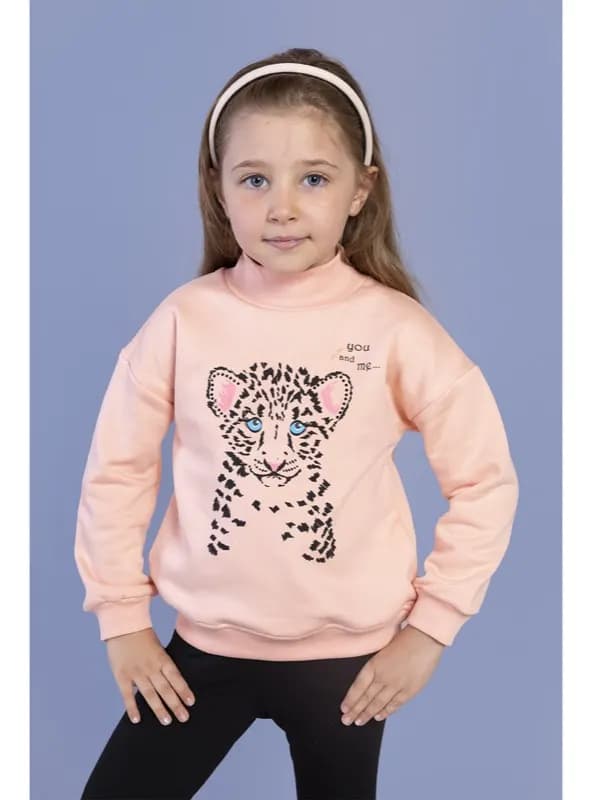 Kız Çocuk Balıkçı Yaka Pamuklu Sweatshirt Somon